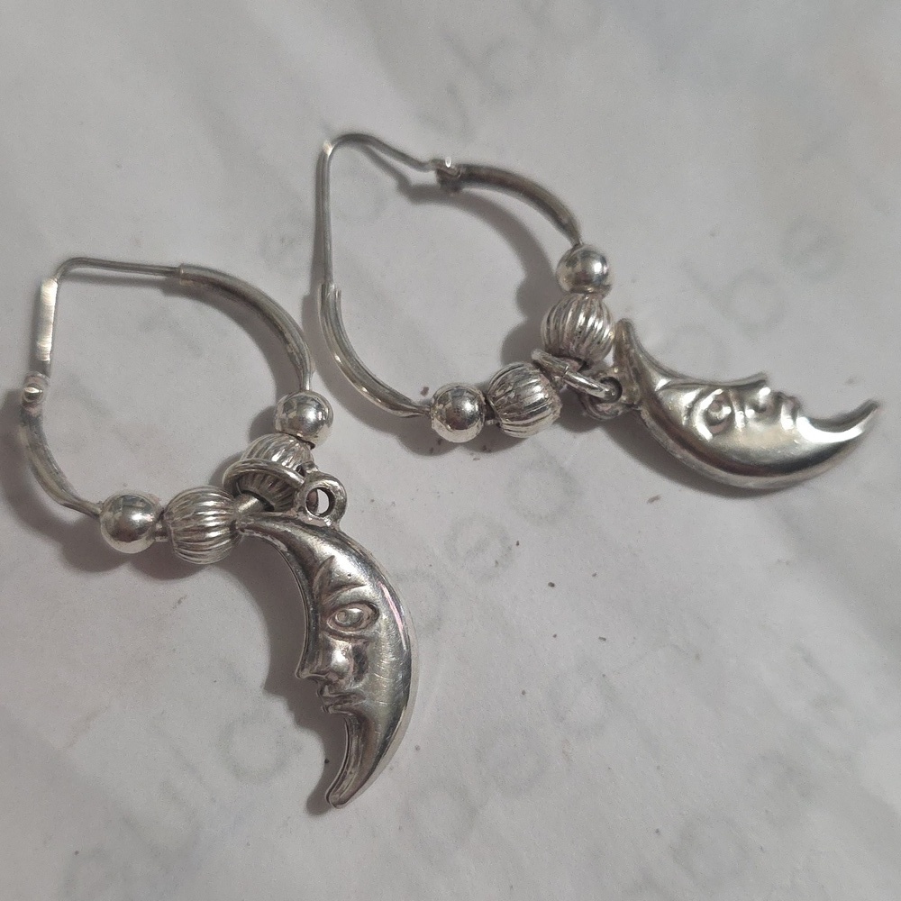 Vintage 925 Moon Hoop Earrings - Picture 5 of 7